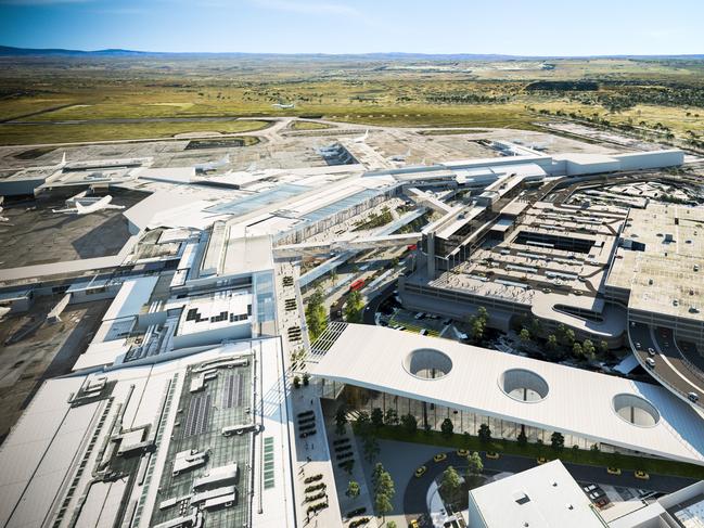 An artist's impression of Melbourne Airport with an underground rail station (bottom middle) as well as a new road link to its car parks. Source: Melbourne Airport