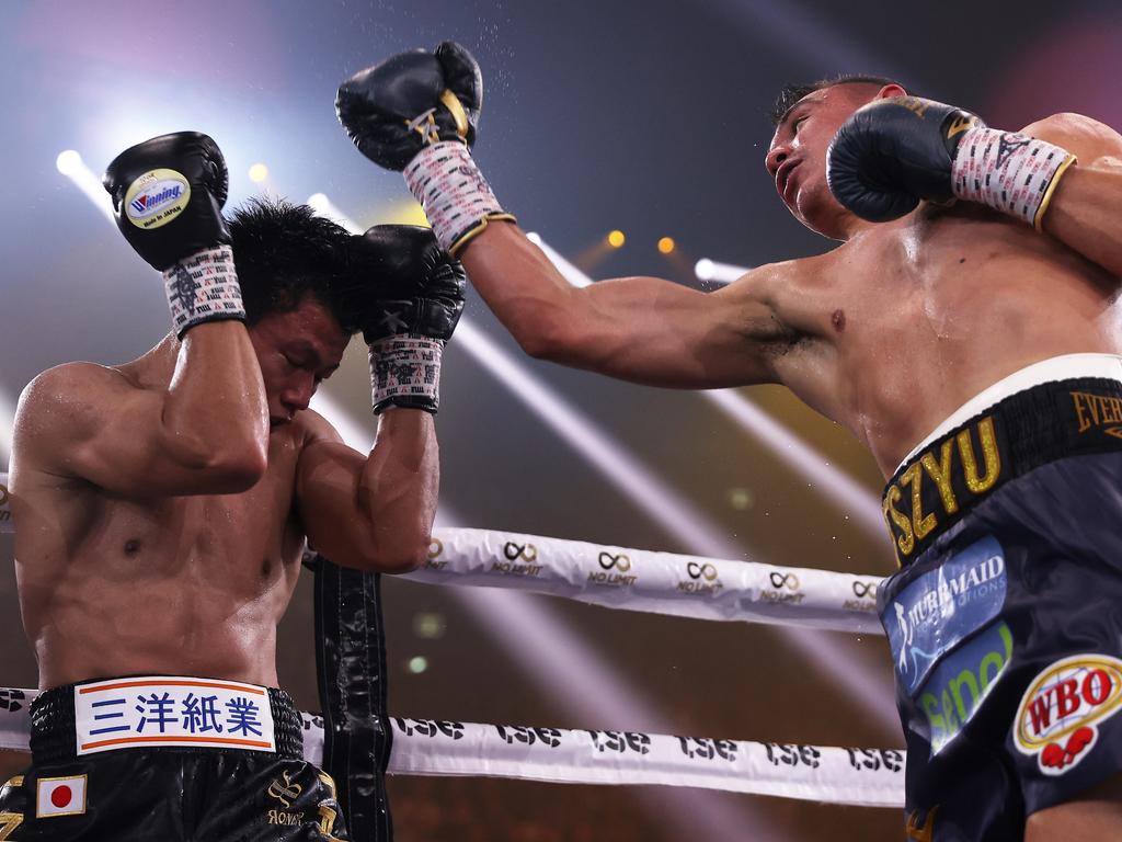 Tszyu (R) was relentless against Takeshi Inoue during the WBO Global and Asia Pacific Super Welterweight title bout but the Japanese opponent refused to give up. Picture: Mark Kolbe/Getty Images