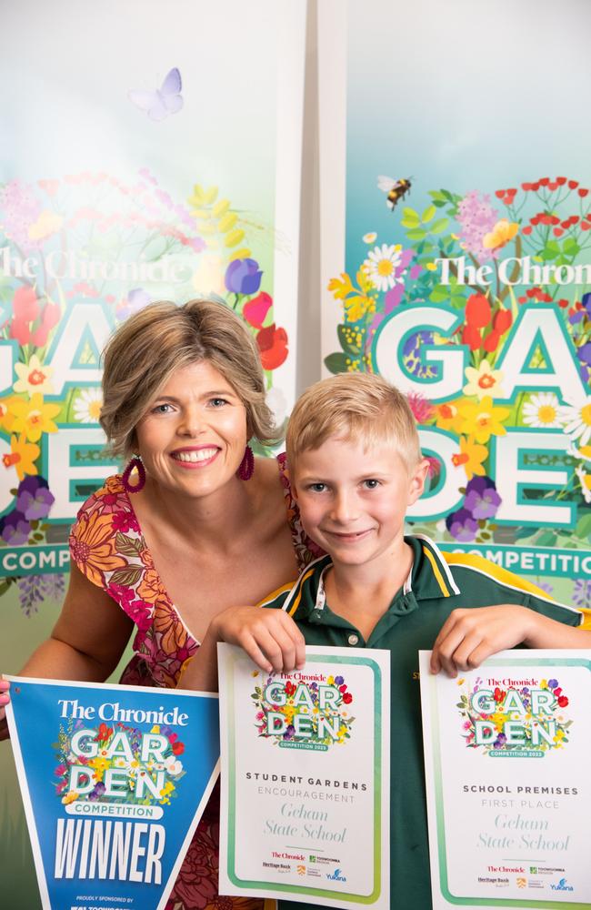 Geham State School win a highly commended for the student garden and first for school garden. Accepting the award Kellie and Charlie Gersekowski.Chronicle Garden Competition, awards presentation at Oaks Toowoomba Hotel.Thursday September 14, 2023