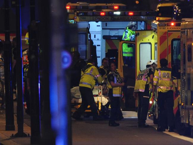 Members of the emergency services work at the scene of a terror attack on London Bridge. Picture: AFP