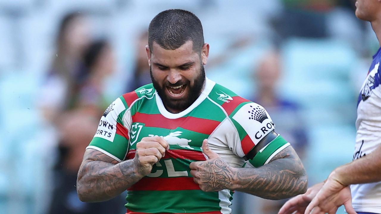 Adam Reynolds showed his affection for the Bunnies after scoring a try in Souths’ big win over the Bulldogs. Picture: Cameron Spencer/Getty Images