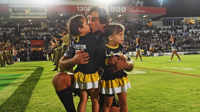 Thurston runs out into the field with daughters Frankie and Charlie. (Zak Simmonds)