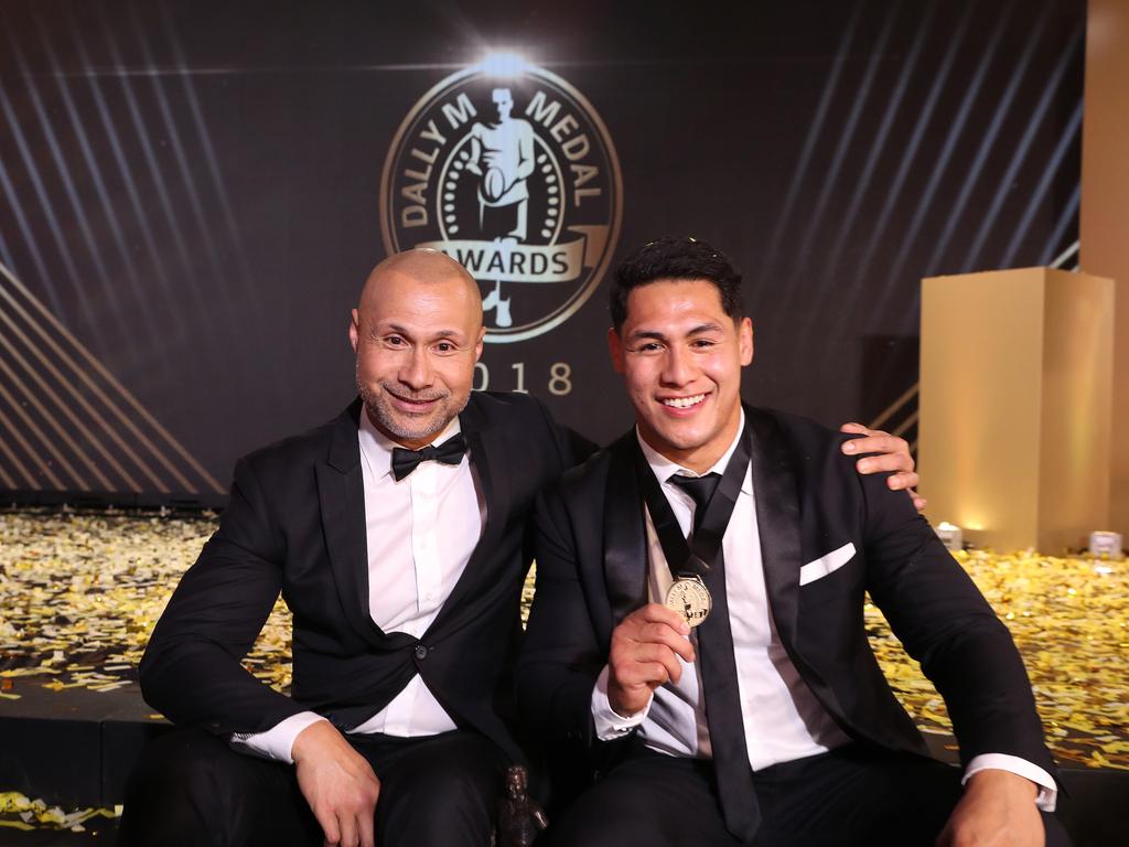 Roger Tuivasa-Sheck (R) with his father Johnny at the 2018 Dally M Awards. Picture: Brett Costello