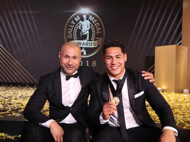 Roger Tuivasa-Sheck (R) with his father Johnny at the 2018 Dally M Awards. Picture: Brett Costello