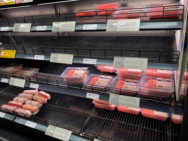 Meat supplies dwindle at a Coles supermarket in South Melbourne yesterday. Picture: Tony Gough