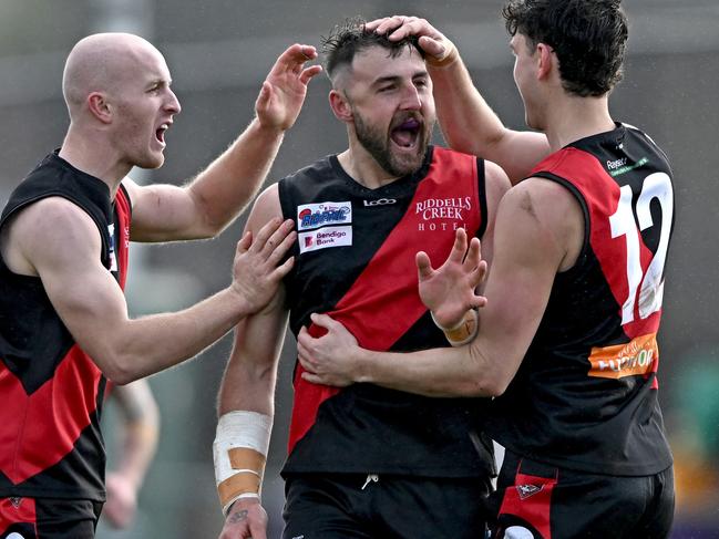 RiddellÃs Dylan Tarczon, centre celebrates a goal during the ERDFNL Riddell v Wallan Qualifying 2 football match in Romsey, Saturday, Aug. 31, 2024. Picture: Andy Brownbill