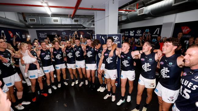 BRISBANE, AUSTRALIA – MARCH 08: The Blues sing the team song during the 2024 AFL Opening Round match between the Brisbane Lions and the Carlton Blues at The Gabba on March 08, 2024 in Brisbane, Australia. (Photo by Dylan Burns/AFL Photos via Getty Images)