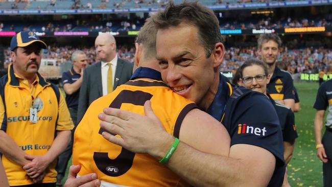 Alastair Clarkson hugs Sam Mitchell after the 2015 Grand Final. Picture: Alex Coppel