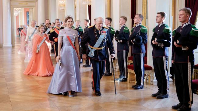 King Harald V of Norway (C-R) and Queen Mary of Denmark (C-L), followed by Queen Sonja of Norway (C-L) and King Frederik X of Denmark (C-R), followed by Crown Princess Mette-Marit of Norway (C-L) and Crown Prince Haakon of Norway. Picture: AFP