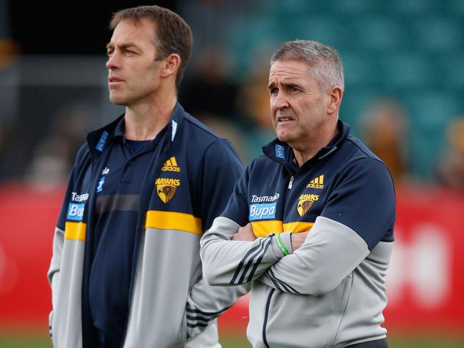 LAUNCESTON, AUSTRALIA - AUGUST 29: Alastair Clarkson, Senior Coach of the Hawks looks on with Chris Fagan, General Manager Football Operations during the 2015 AFL round 22 match between the Hawthorn Hawks and the Brisbane Lions at Aurora Stadium, Launceston, Australia on August 29, 2015. (Photo by Adam Trafford/AFL Media/Getty Images)