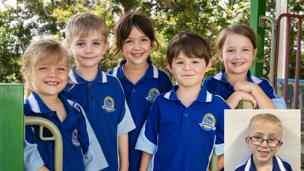My First Year 2022: Emu Creek State School Prep students (from left) Bobbie, Finley, Lillyth, Hudson and Arly. Absent is Luke (inset), Tuesday, March 1, 2022. Picture: Kevin Farmer / Supplied