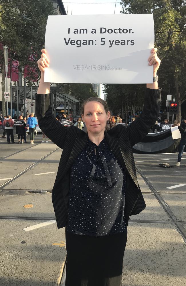 Helen Jeges is part of this morning’s vegan protest blocking Melbourne’s busiest intersection. Picture: Rohan Smith