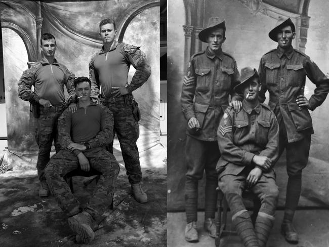 Left side photo L-R: PTE Jack Cassidy with PTE Mark Braithwaite and sitting is LCPL Max Menner. They’re from 3RAR in Townsville QLD. Picture: Gary Ramage The photograph on the right is an original taken in France during WW1 of Aussie Diggers.