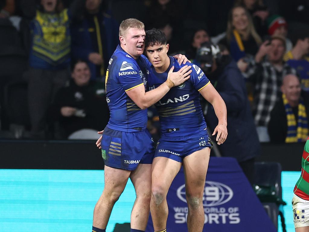 Rookies Charlie Guymer (L) and Blaize Talagi were Parramatta’s best in the loss to South Sydney. Picture: Cameron Spencer/Getty Images