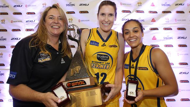 Leilani Mitchell (far right), with coach Cheryl Chambers and captain Belinda Snell, was the WNBL grand final MVP. Pic: Michael Klein