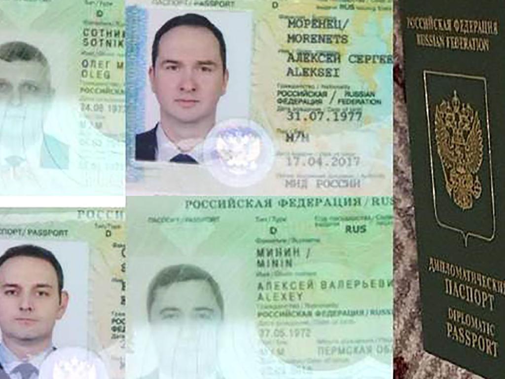 The Russian diplomatic passports of alleged Russian GRU agents expelled by Dutch police after uncovering a spy-novel-style bid to target the Organisation for Prohibition of Chemical Weapons in The Hague. Picture: HO / Dutch Defence Ministry / AFP