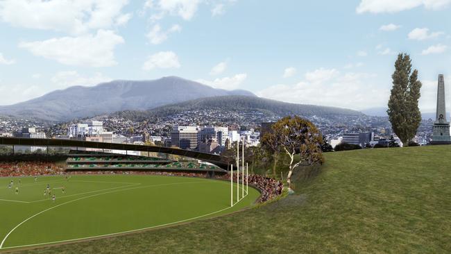 Artist renders of a bold new plan for Hobart’s largely derelict waterfront area, Macquarie Point — proposing to construct a 27,000-seat stadium for AFL, cricket, other sports and rock concerts.