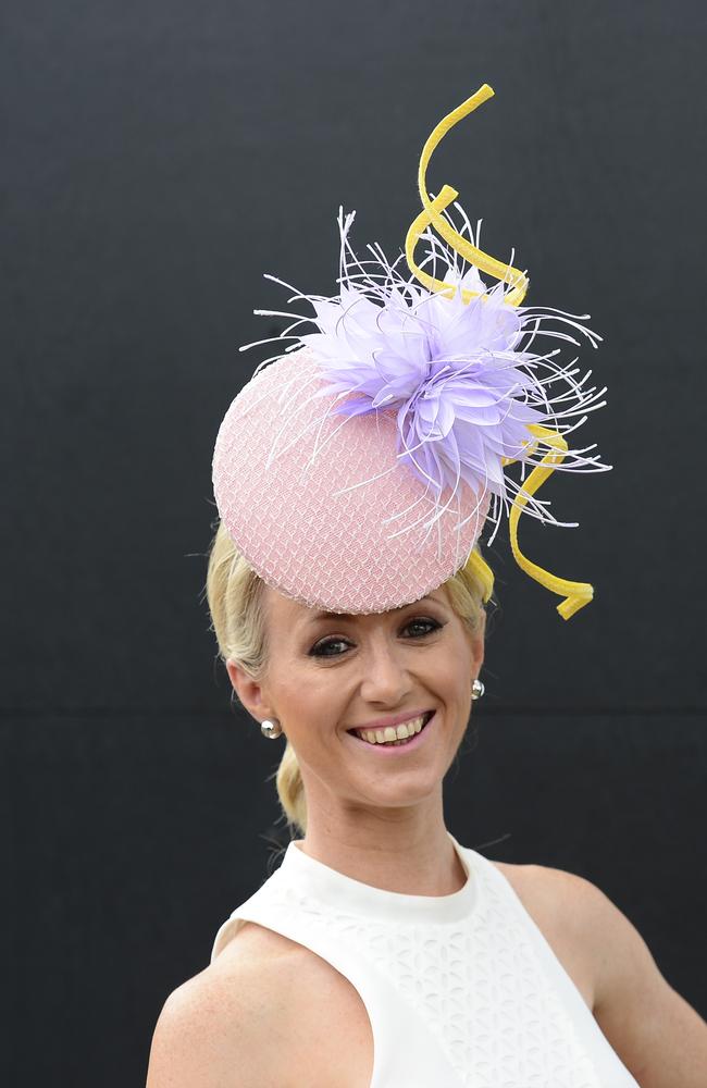 Rebecca Nelson all dressed up at Flemington Racecourse on Melbourne Cup Day 2014. Picture: Stephen Harman