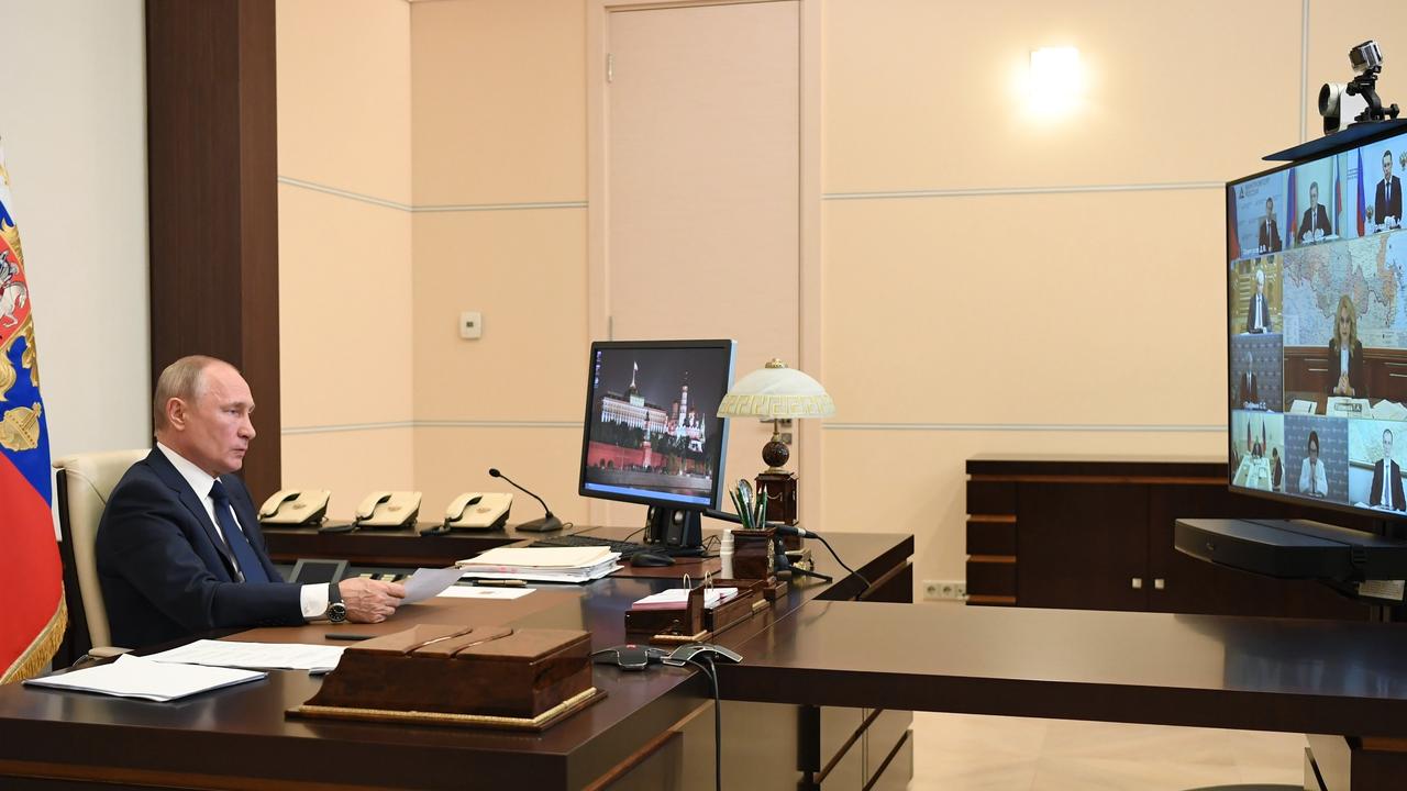 Russian President Vladimir Putin, addresses the nation via video conference. Picture: Alexei Nikolsky, Sputnik, Kremlin Pool Photo via AP