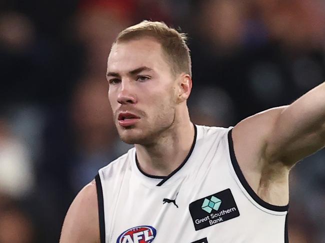 MELBOURNE - JUNE 2 , 2023. AFL Round 12.    Harry McKay of the Blues celebrates a long goal from 60 early 3rd qtr during the match between Melbourne and Carlton at Melbourne Cricket Ground on June the 2nd, 2023, in Melbourne, Australia. Photo by Michael Klein.