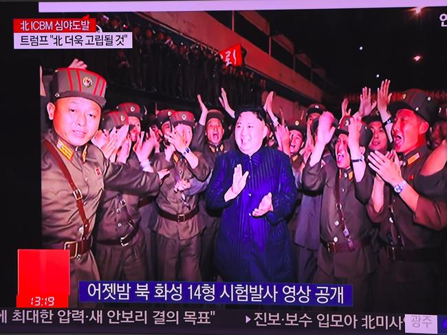 Video footage of North Korean leader Kim Jong-Un during the North's latest test launch of an intercontinental ballistic missile shown at a railway station in Seoul today. Picture: AFP