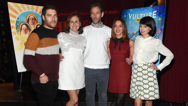 Jeff Baena (centre) directed The Little Hours which starred (from left to right) Adam Pally, Molly Shannon, Aubrey Plaza and Kate Micucci. Picture: Ben Gabbe/Getty Images