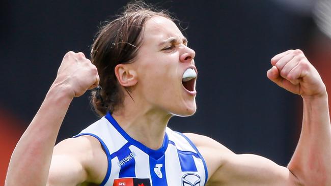 MELBOURNE, AUSTRALIA - NOVEMBER 12: Jasmine Garner of the Kangaroos celebrates a goal during the 2022 S7 AFLW First Semi Final match between the Richmond Tigers and the North Melbourne Kangaroos at Swinburne Centre on November 12, 2022 in Melbourne, Australia. (Photo by Dylan Burns/AFL Photos via Getty Images)