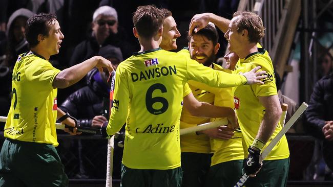 The Kookaburras celebrate their lightning-fast opening stunner. Picture: Simon Watts/BW Media NZ