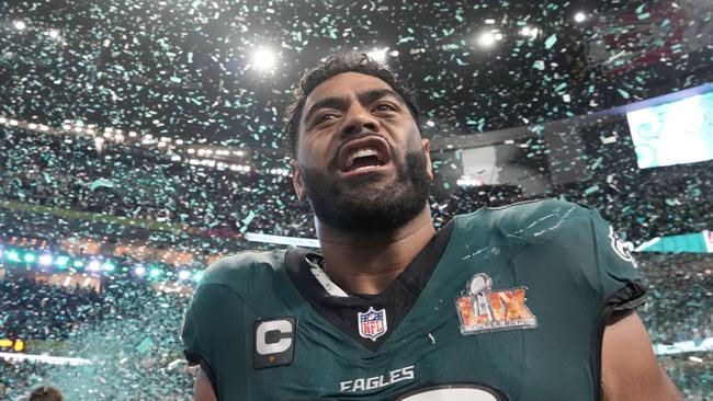 Philadelphia Eagles offensive tackle Jordan Mailata (68) celebrates after defeating the Kansas City Chiefs in the NFL Super Bowl 59 football game, Sunday, Feb. 9, 2025, in New Orleans. (AP Photo/Doug Benc)