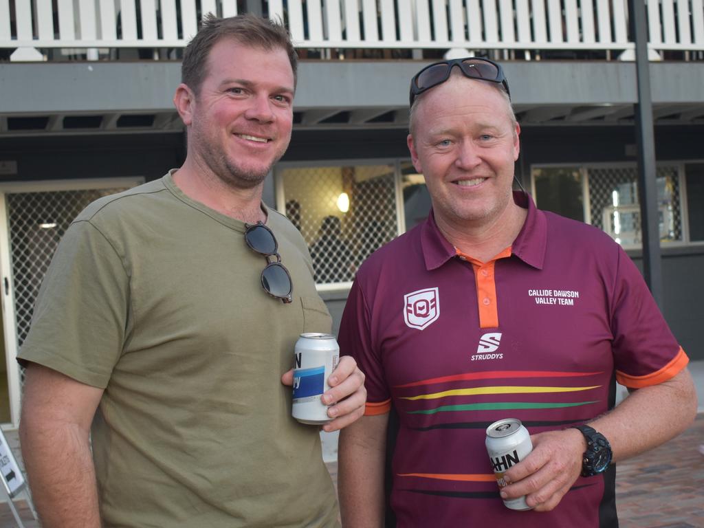 Ben Bromley and Joel Mac at the Capras versus Comets Legends game at Rugby Park, Rockhampton, on October 26, 2024.