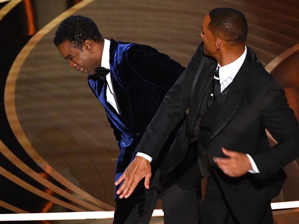 The shocking moment Will Smith slapped Chris Rock during Monday’s Oscars. Picture: Robyn Beck / AFP