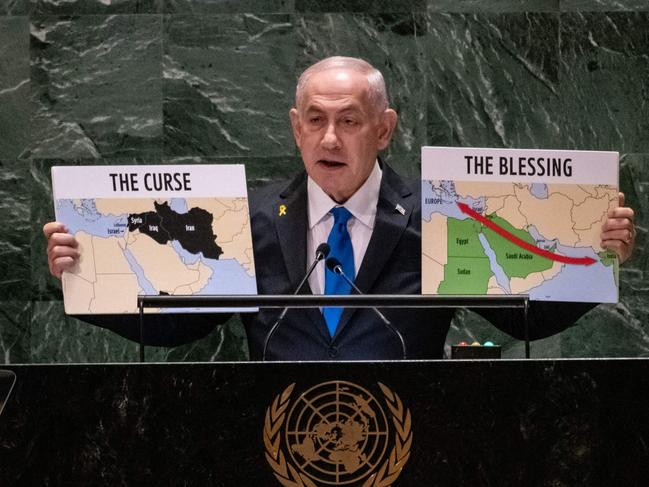 NEW YORK, NEW YORK - SEPTEMBER 27: Israeli Prime Minister Benjamin Netanyahu speaks during the United Nations General Assembly (UNGA) at the United Nations headquarters on September 27, 2024 in New York City. World leaders convened for the General Assembly as the world continues to experience major wars in Gaza, Ukraine, and Sudan, along with a threat of a larger conflict in the Middle East. Stephanie Keith/Getty Images/AFP (Photo by STEPHANIE KEITH / GETTY IMAGES NORTH AMERICA / Getty Images via AFP)