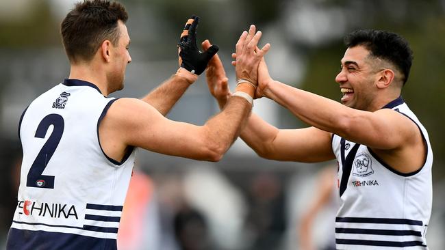 Sam Lloyd celebrates a goal with Daniel Younan. Picture: Josh Chadwick