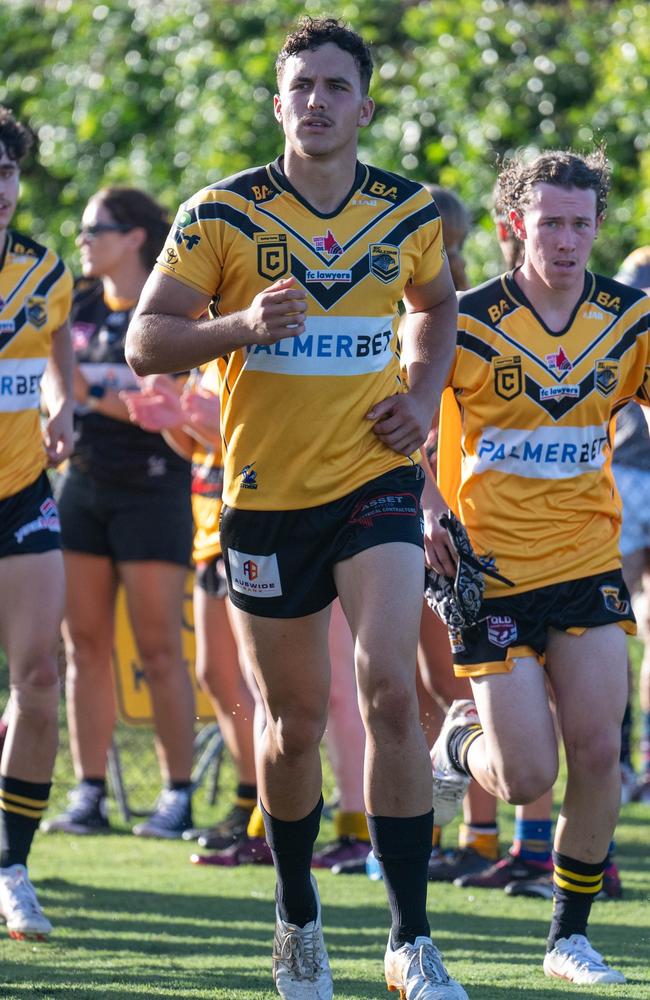 Sunshine Coast Falcons Mal Meninga captain Jackson Kite leads his team out. Picture: Kyliesfootyphotos/Kylie McLellan