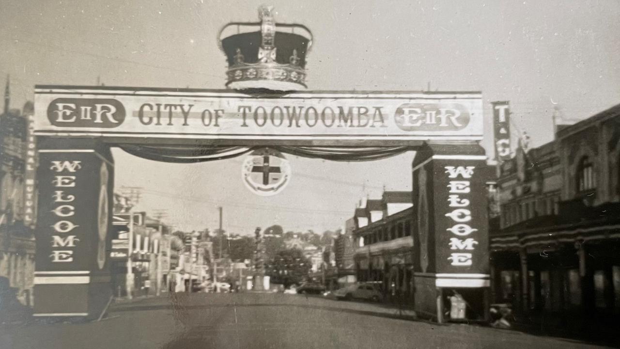 Valerie Inwood snapped these photos of decorations across Toowoomba in 1954, as the region prepared for a visit from Queen Elizabeth II and Prince Philip.