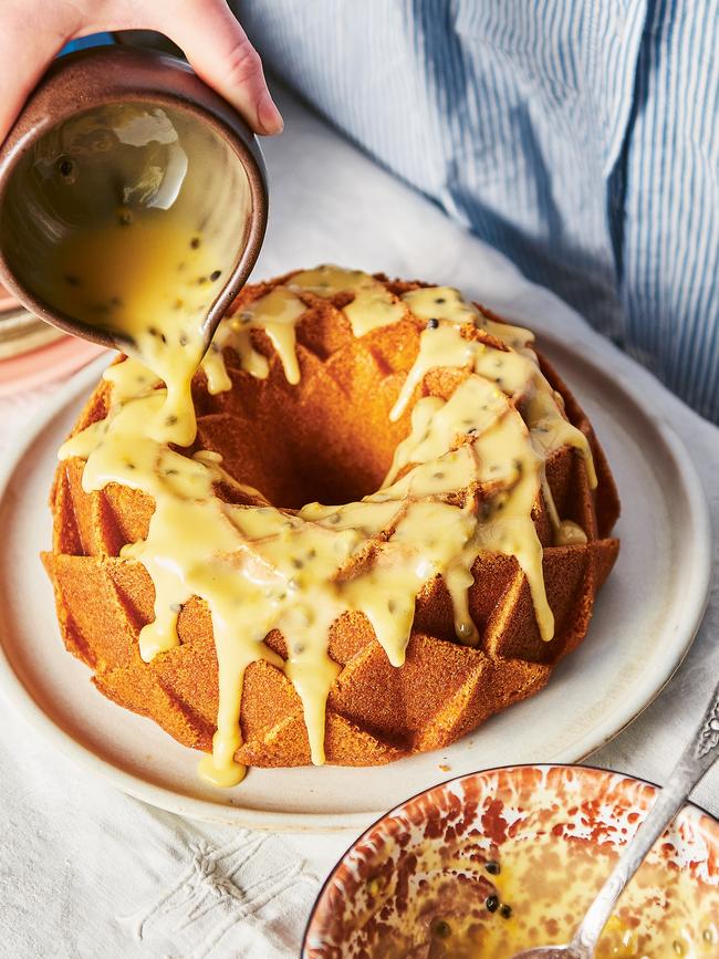 The completed buttermilk bundt with passionfruit icing. Recipe by Tilly Pamment