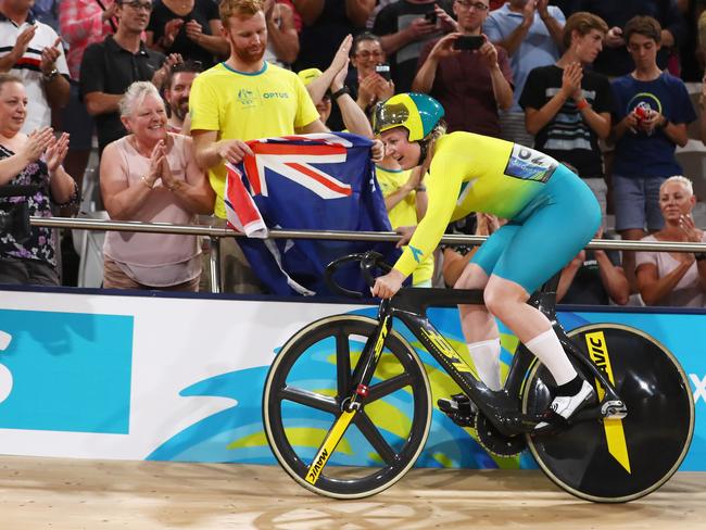 Stephanie Morton secured her third gold of the Games with a win in the keirin. Picture:  Dean Mouhtaropoulos/Getty Images