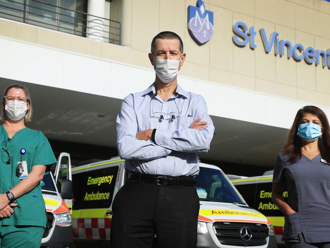 Emergency Registered Nurse India Wells, professor Tony Grabs director of surgery at St Vincent’s and Dr Priya Nair director of intensive care. Picture: John Feder/The Australian