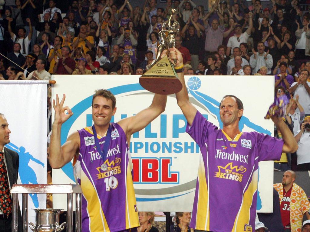 Jason Smith and Brian Goorjian with the 2005 NBL trophy.