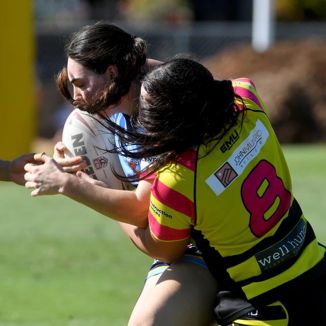 Townsville women's rugby league game between Centrals and Norths at Townsville Sports Reserve. Norths Sarah Flett and Centrals Jordii Mahendrarajah. Picture: Evan Morgan