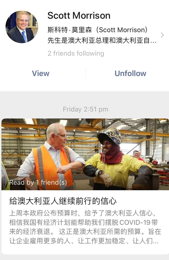 Scott Morrison’s WeChat account had 76,000 followers. Picture: The Daily Telegraph