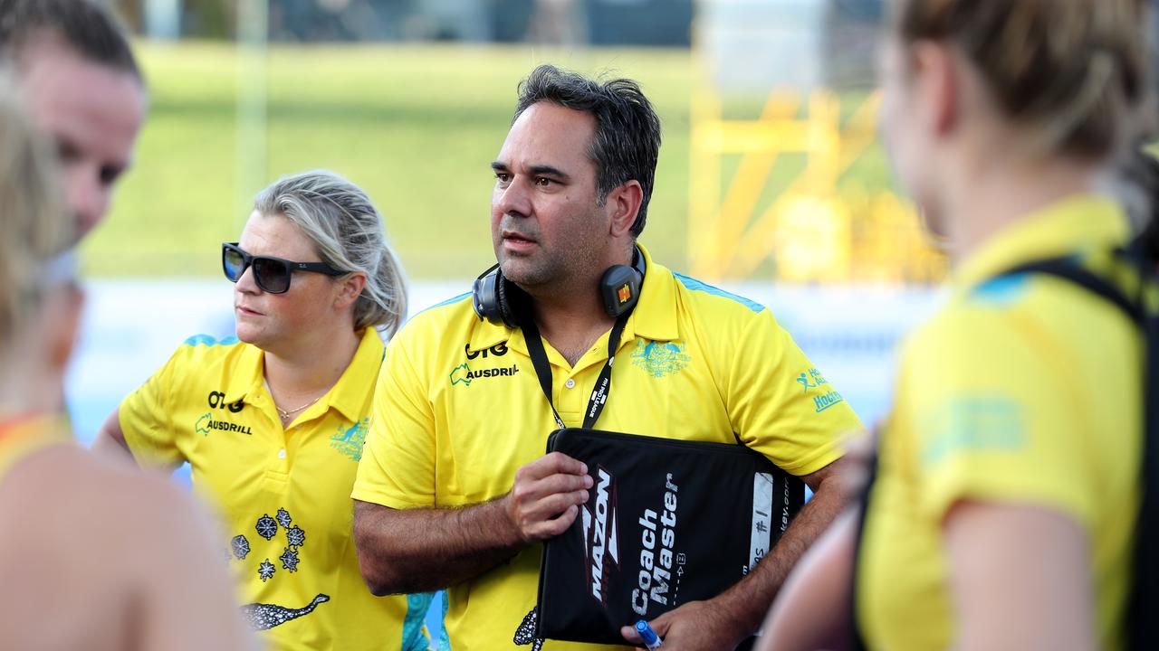 Paul Gaudoin, head coach of the Hockeyroos is seen during the Women's FIH Pro League hockey match between the Hockeyroos and Argentina at the Perth Hockey Stadium in Perth, Saturday, March 7, 2020. (AAP Image/Richard Wainwright) NO ARCHIVING, EDITORIAL USE ONLY