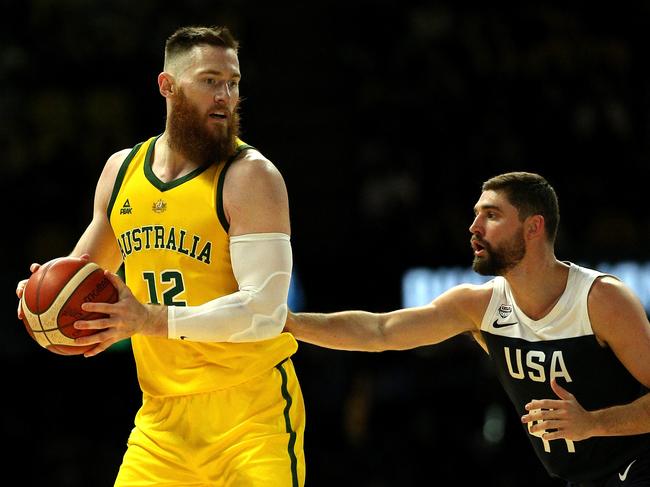 Aron Baynes of Australia (left) contests with Joe Harris of the USA during match 2 of the Pre-FIBA World Cup series between Australia and the USA  at Etihad Stadium in Melbourne, Saturday, August 24, 2019.  (AAP Image/Hamish Blair) NO ARCHIVING, EDITORIAL USE ONLY