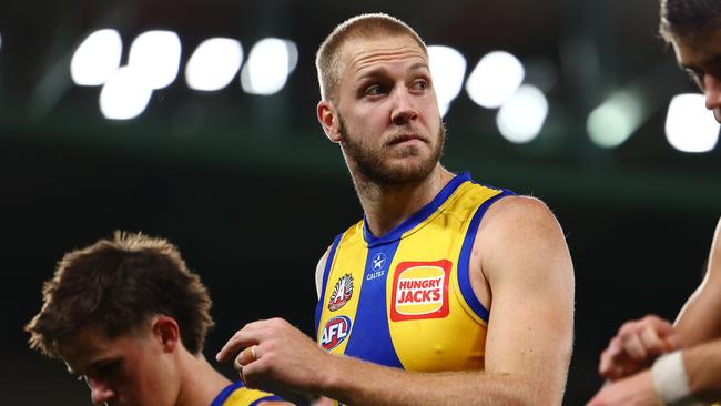MELBOURNE, AUSTRALIA - APRIL 27: Oscar Allen of the Eagles reacts following the round seven AFL match between Hawthorn Hawks and West Coast Eagles at Marvel Stadium, on April 27, 2025, in Melbourne, Australia. (Photo by Morgan Hancock/Getty Images)