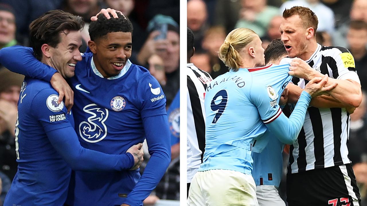 Wesley Fofana scored Chelsea's first goal in over 400 minutes while Erling Haaland was at the centre of a scrap with Dan Burn. Picture: Getty