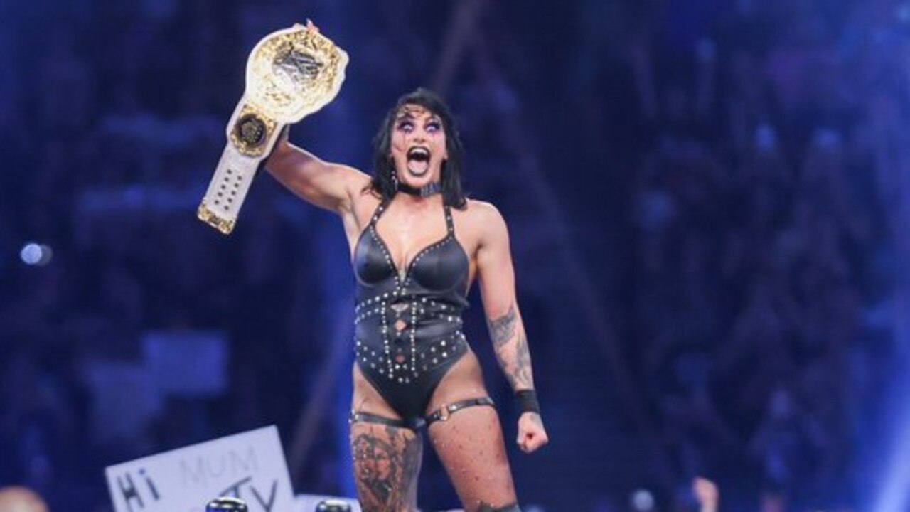 Rhea celebrates her epic championship victory. Picture: Twitter, @WWE