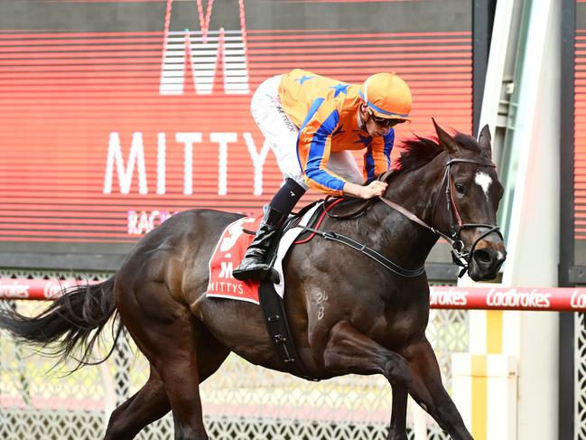 MELBOURNE, AUSTRALIA - SEPTEMBER 09: Michael Dee riding Imperatriz winning Race 8, the Mittys Mcewen Stakes, during Melbourne Racing at Moonee Valley Racecourse on September 09, 2023 in Melbourne, Australia. (Photo by Vince Caligiuri/Getty Images)