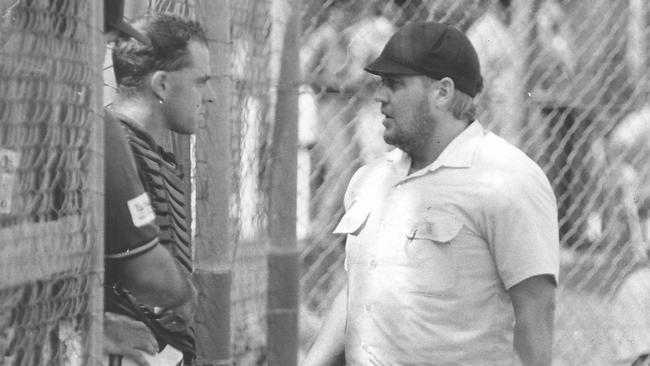 PINT catcher Raymond Dixon is told off for swearing during a baseball match held at Kahlin Oval in the mid-1990s. Picture: Supplied.