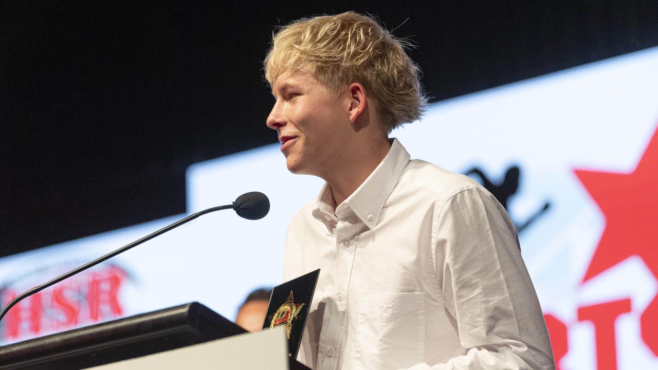 Sports Darling Downs Junior Rising Star award recipient Bryce Krause on stage at the presentation dinner. Picture: Kevin Farmer