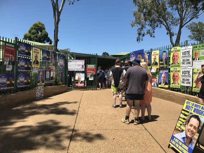 The line to vote at Dubbo College Delroy Campus ran out onto the street at some stages during election day. Picture: Ryan Young